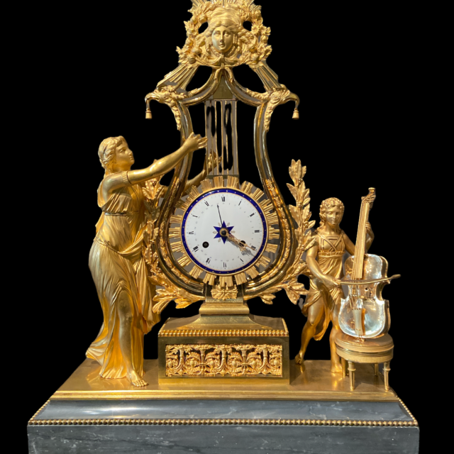 Pendule lyre Louis XVI contrebasse allégorie musique bronze doré époque